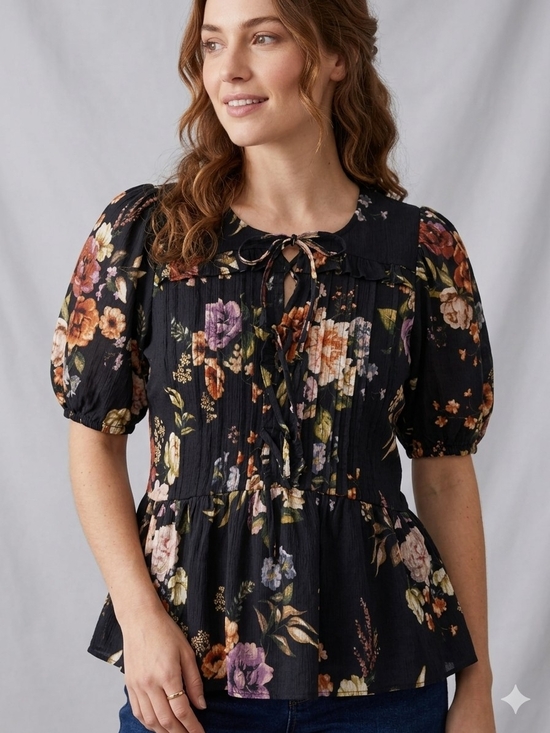 Laura Ashley Tops - Laura Ashley Floral Peplum Top Small Boho Cottagecore Lace Up Puff Sleeve